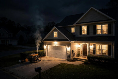House lit by diesel generator during a neighborhood blackout at night