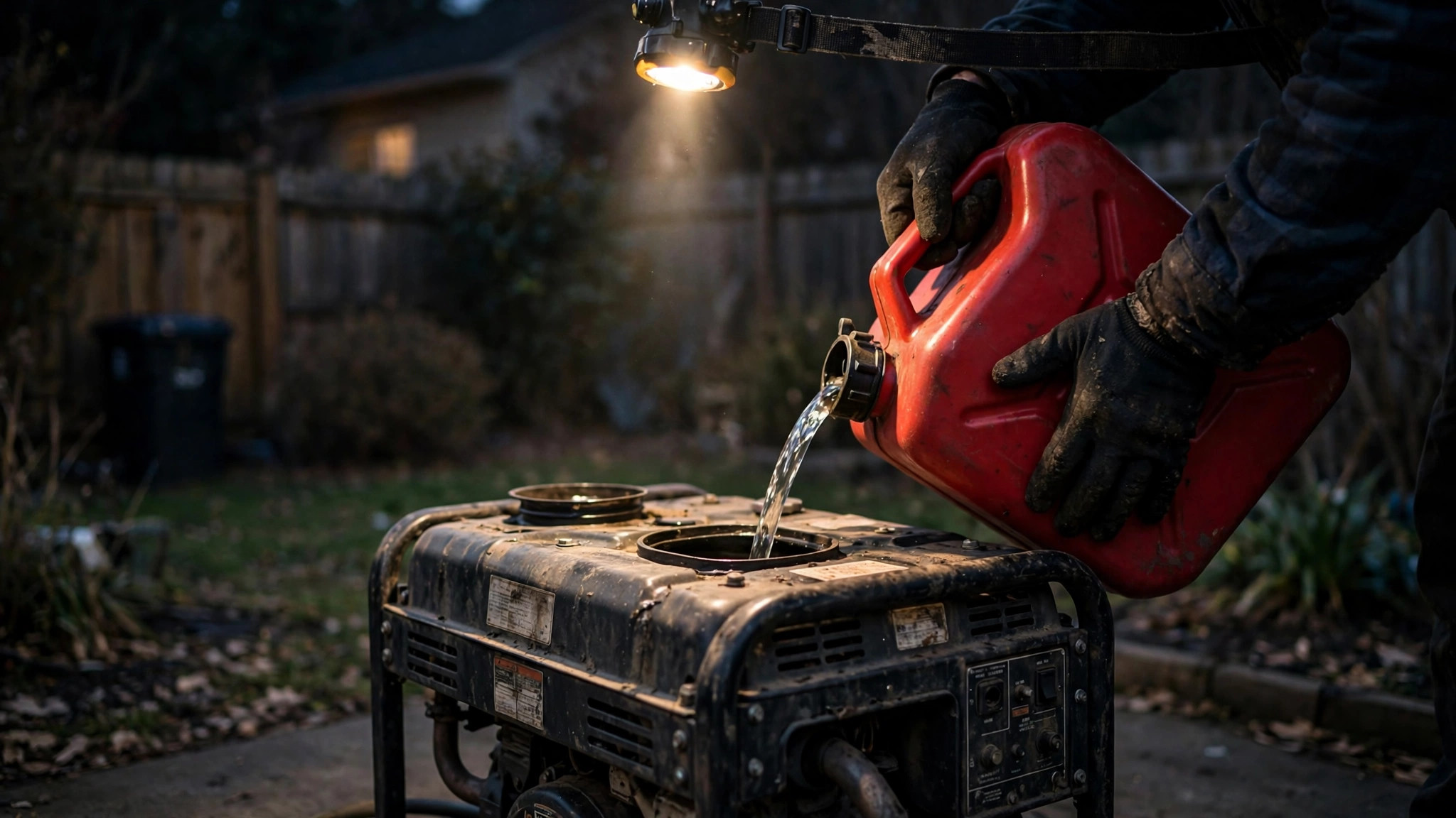 Refueling a diesel generator from a jerry can at night during a power outage