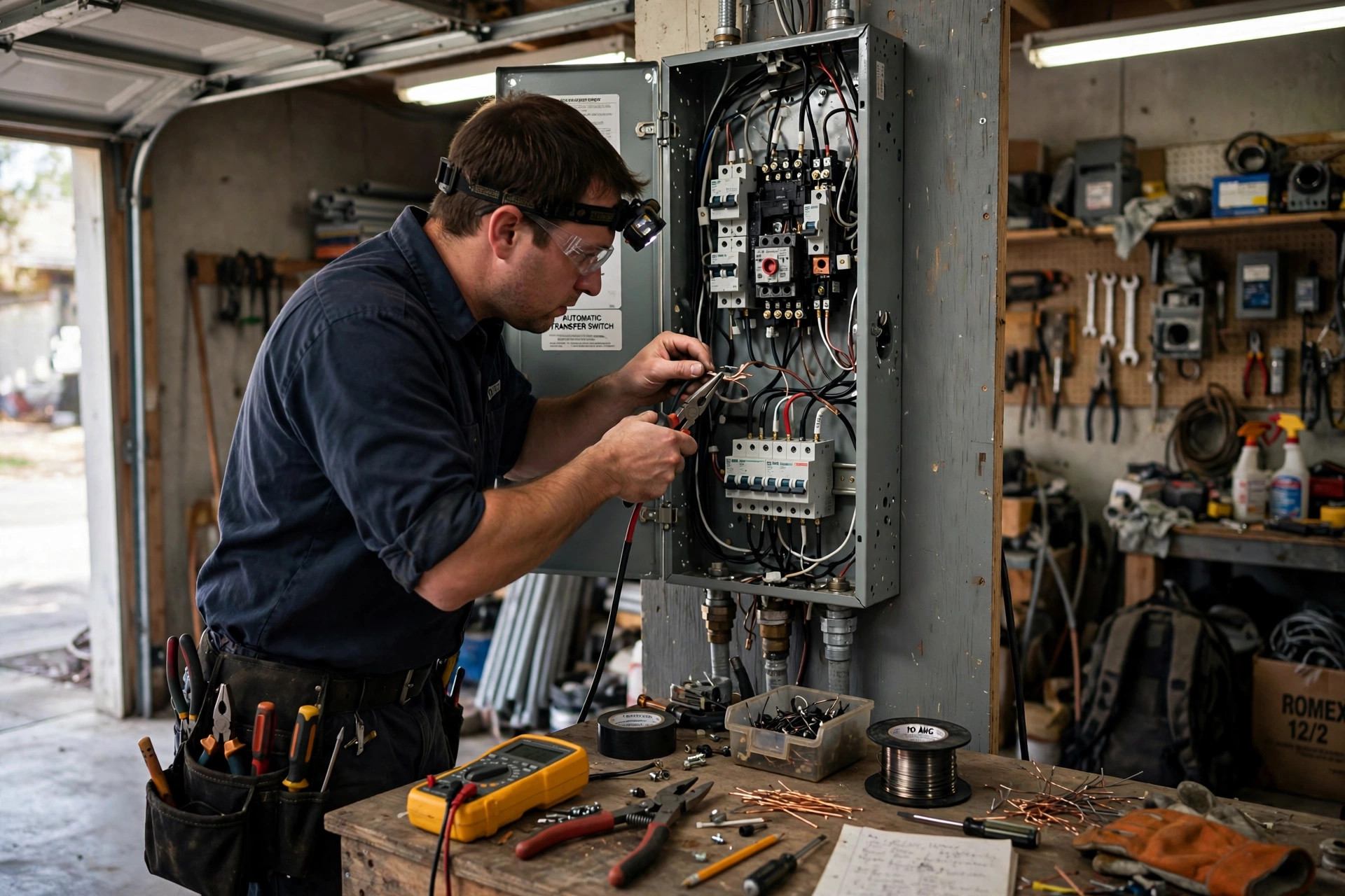 Electrician installing an automatic transfer switch for a home diesel generator