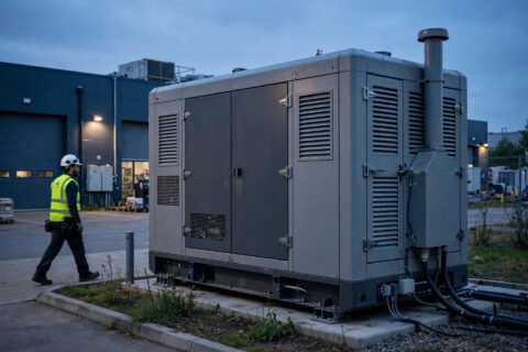 Silent diesel generator in an acoustic canopy running at dusk