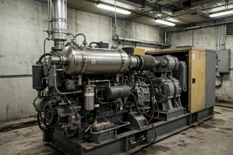 Tier 4 Final diesel generator exhaust aftertreatment canister with DOC DPF and SCR stages in an industrial generator room