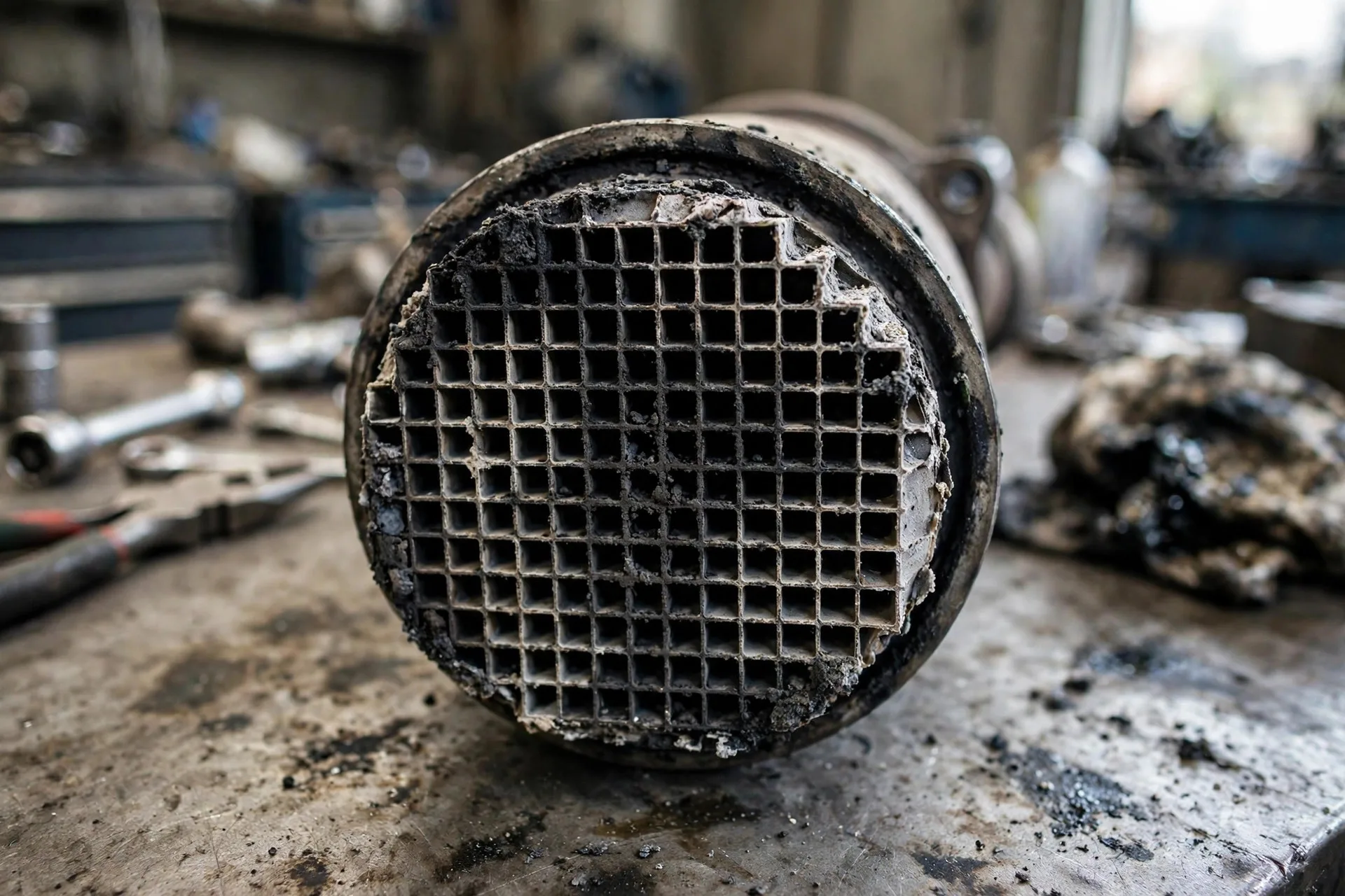 Close-up of a diesel oxidation catalyst honeycomb inlet face caked with soot deposits on a workshop bench