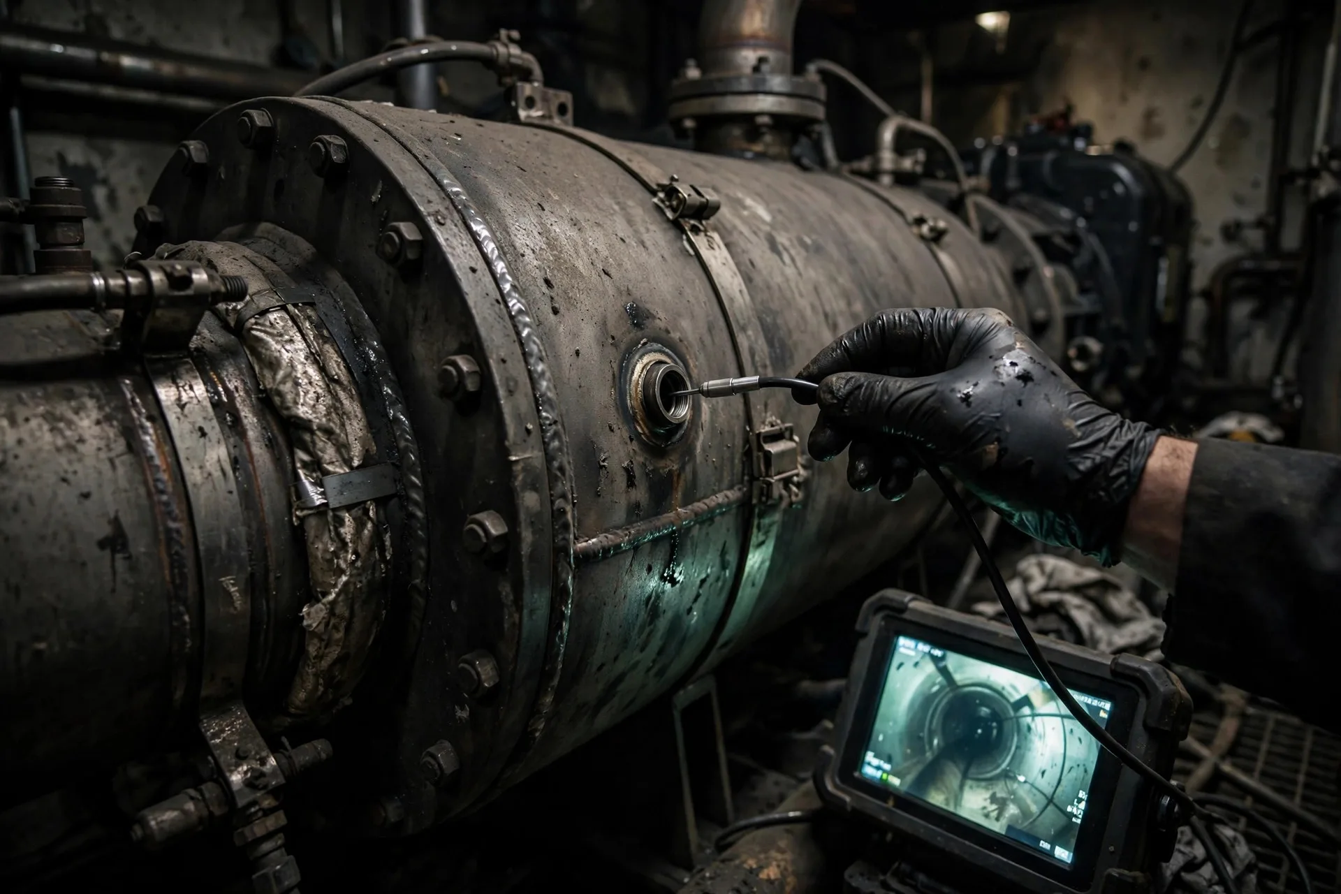 Technician using a borescope to inspect the inlet face of a diesel generator DOC through a sensor port