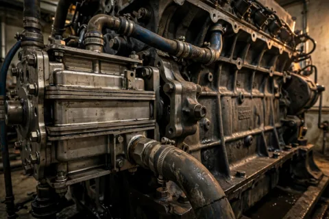 Plate-type engine oil cooler mounted on a diesel generator engine block