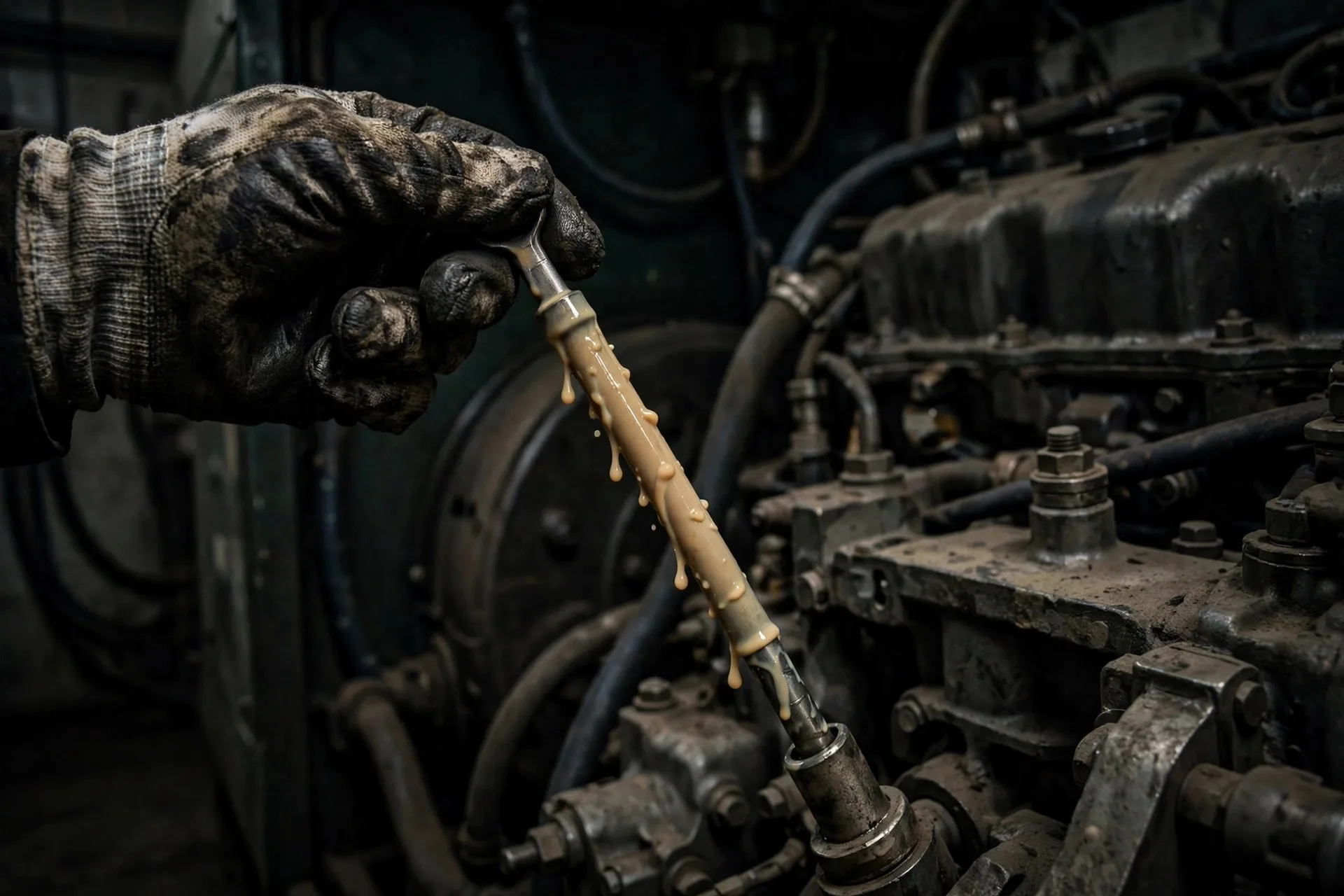 Milky tan engine oil on a dipstick pulled from a diesel generator — classic sign of coolant contamination