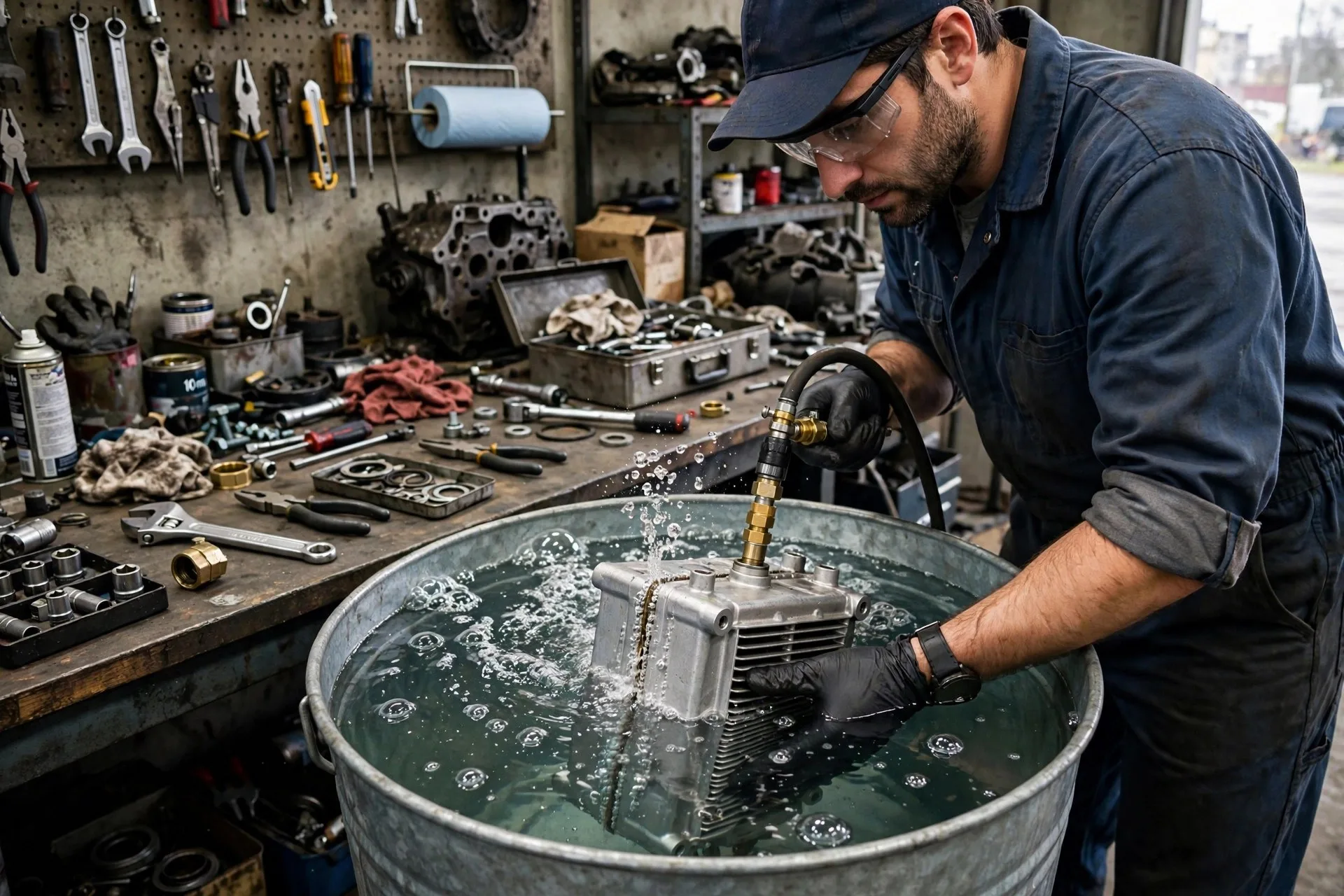 Pressure-testing a removed diesel generator oil cooler in a bucket of water to find internal leaks