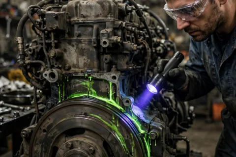 Mechanic tracing a fluorescent oil leak with a UV black light on a diesel generator engine
