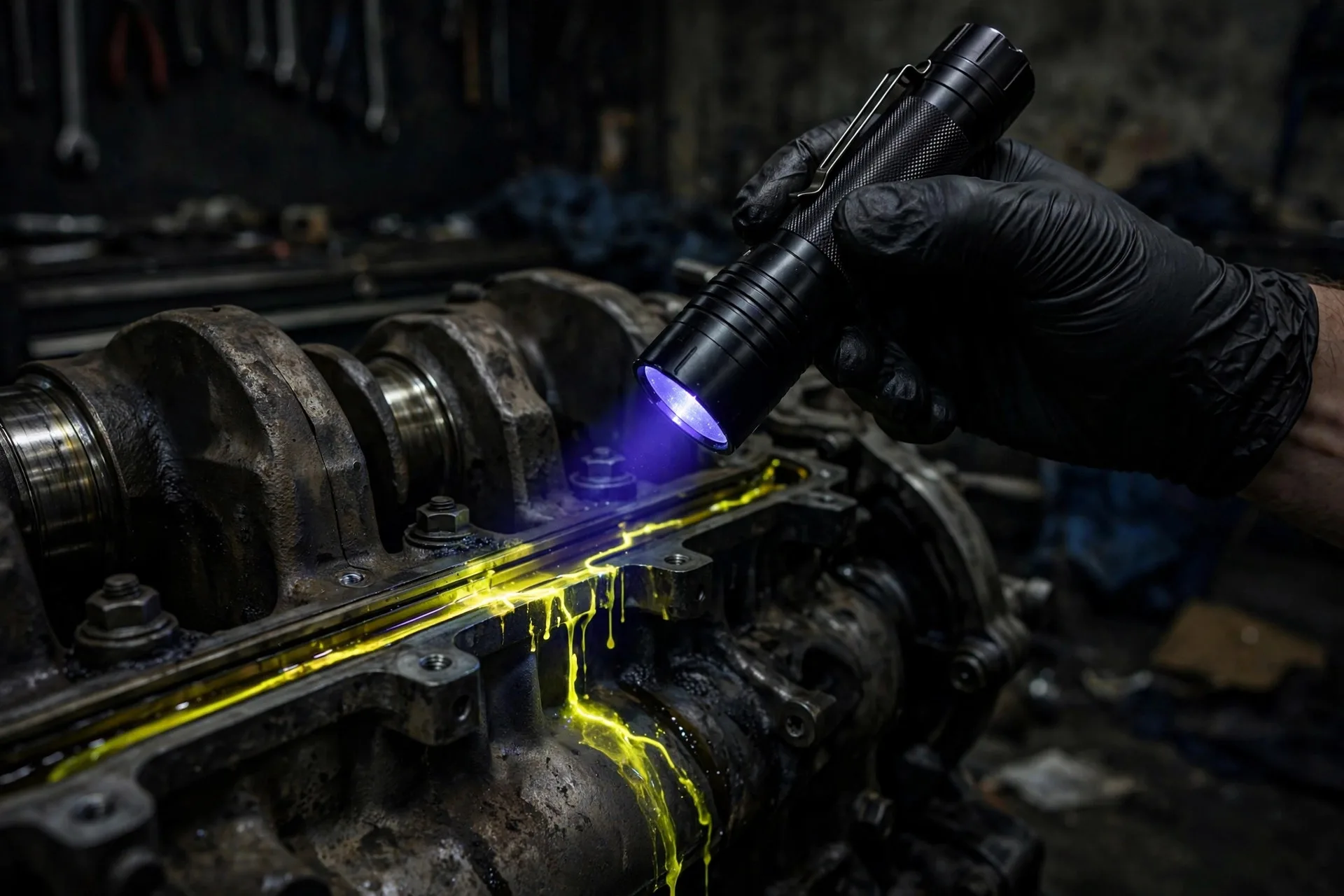 Mechanic using a UV black light to trace fluorescent dye along a diesel engine oil leak path