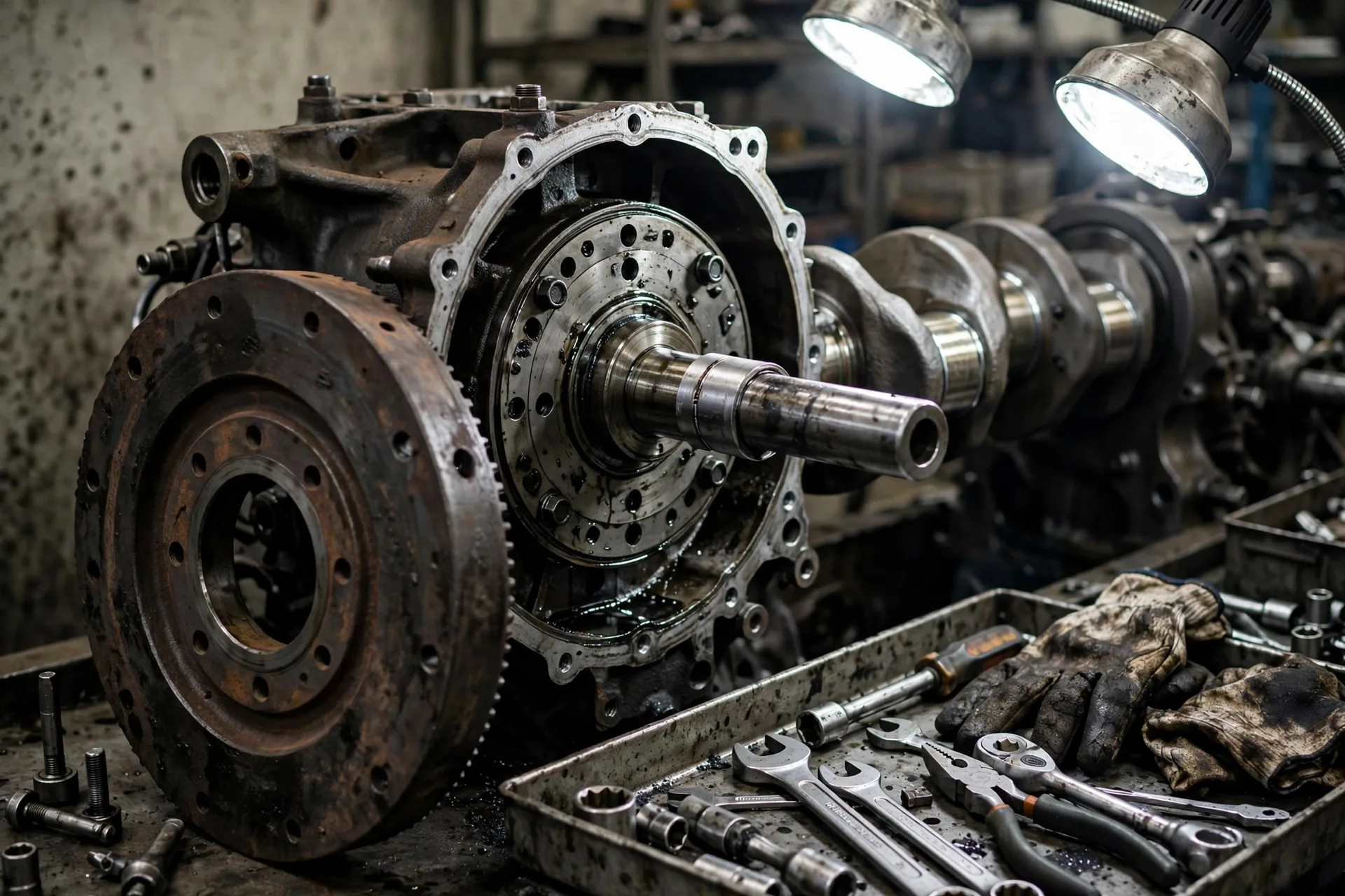 Diesel engine with flywheel exposed during a rear main seal service in a workshop