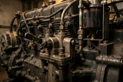 Mechanical fuel lift pump with hand primer lever on a diesel generator engine