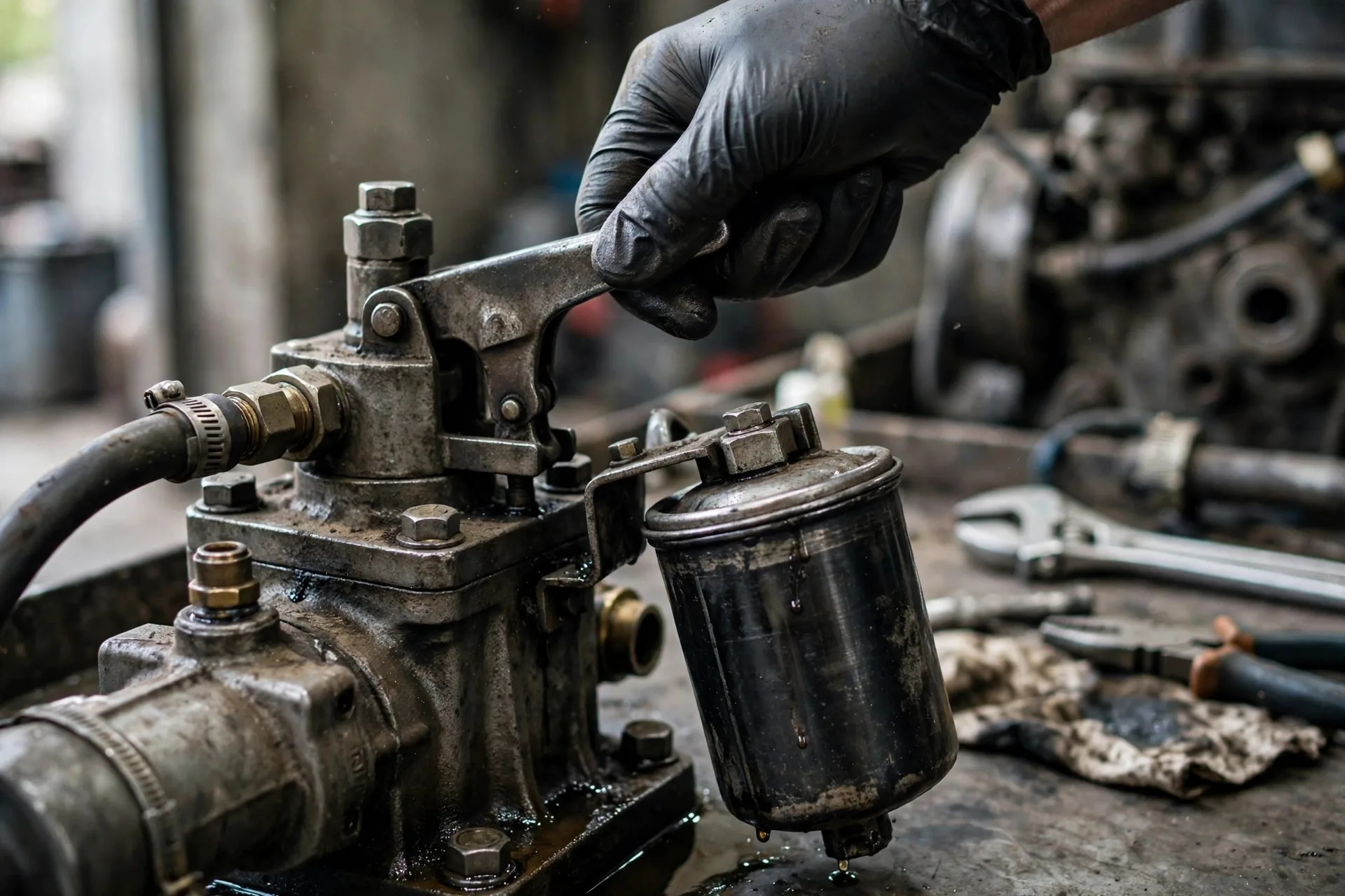 Technician's gloved hand working the hand primer lever on a diesel generator fuel lift pump