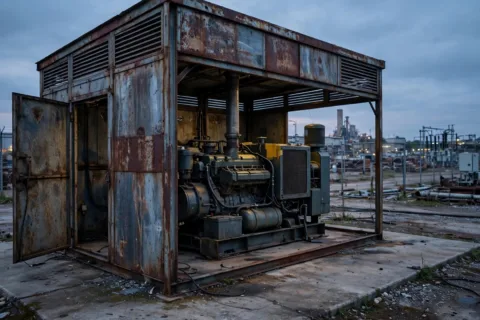 Standby diesel generator in a weatherproof canopy enclosure at an industrial site
