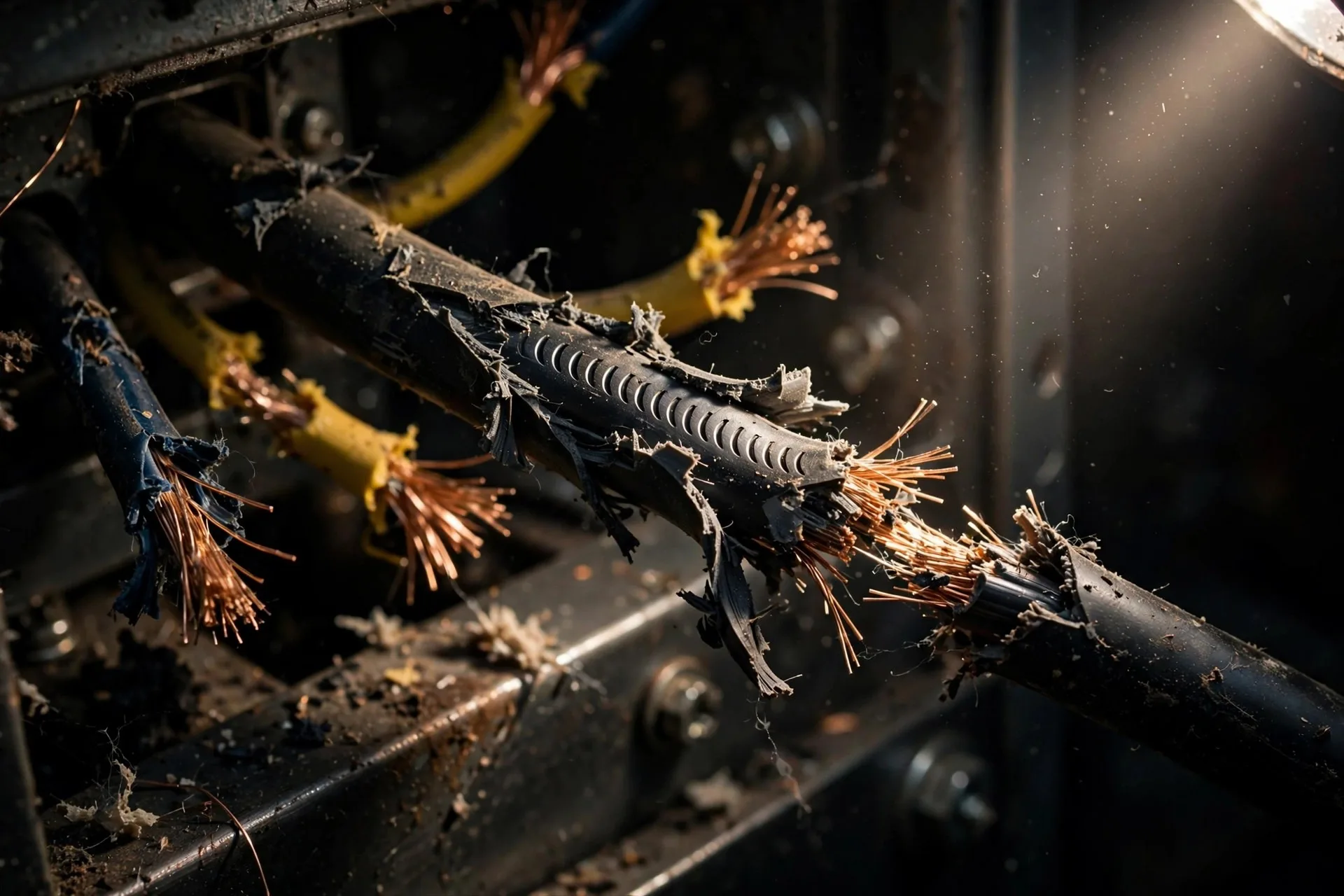 Rodent-chewed control wiring with exposed copper inside a diesel generator control panel
