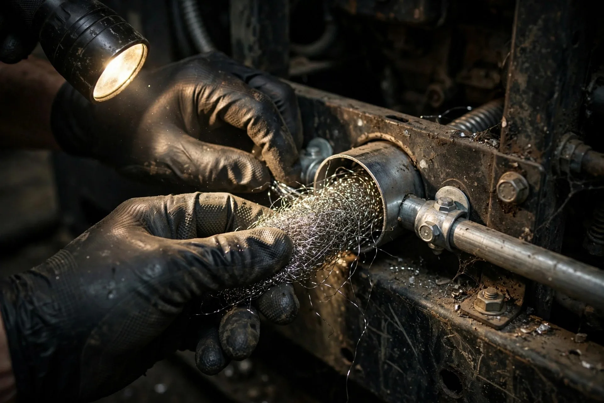 Technician sealing a cable conduit entry on a diesel generator with steel wool to block rodents