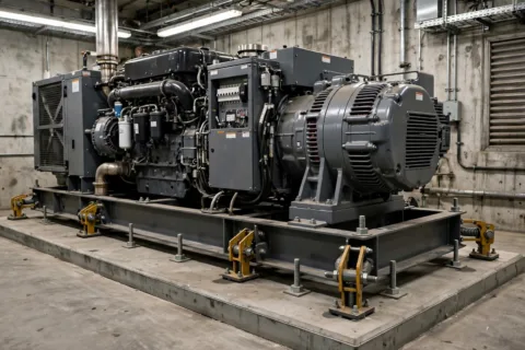 Diesel generator on a concrete housekeeping pad with seismic snubbers and anchor bolts in a generator room