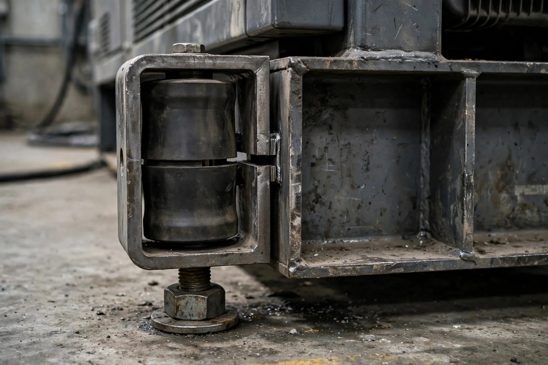 Close-up of a seismic snubber with the air gap between the snubber and the generator skid