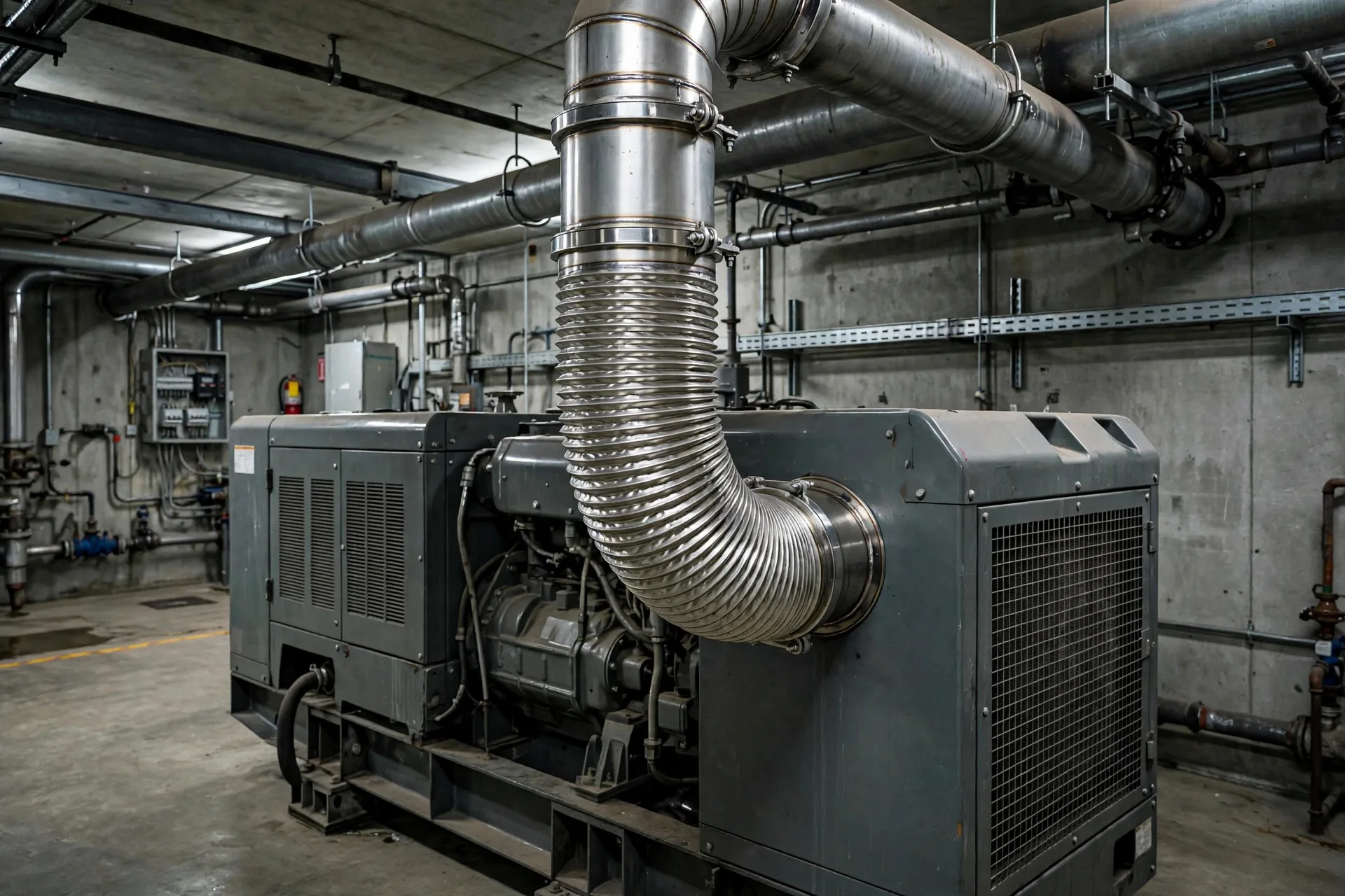 Flexible stainless-steel exhaust bellows connecting a diesel generator to rigid overhead exhaust piping