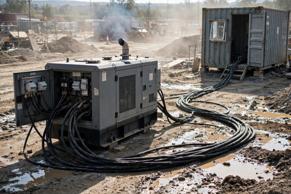 A rental diesel generator set powering a construction site — when renting beats buying