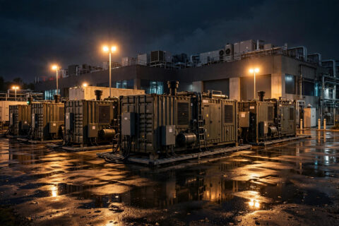 Data center backup power — a row of large diesel generator sets outside a data center at night