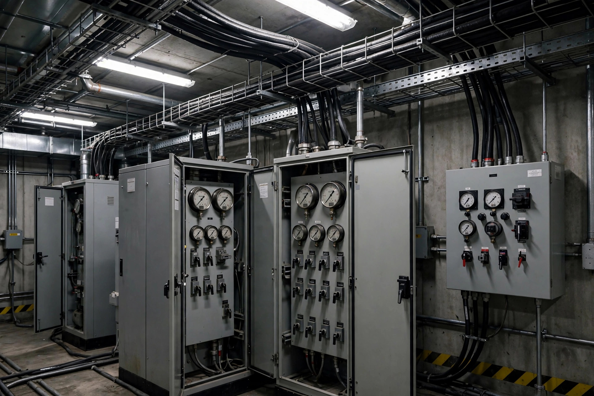 Automatic transfer switch and generator control panels inside a data center generator room