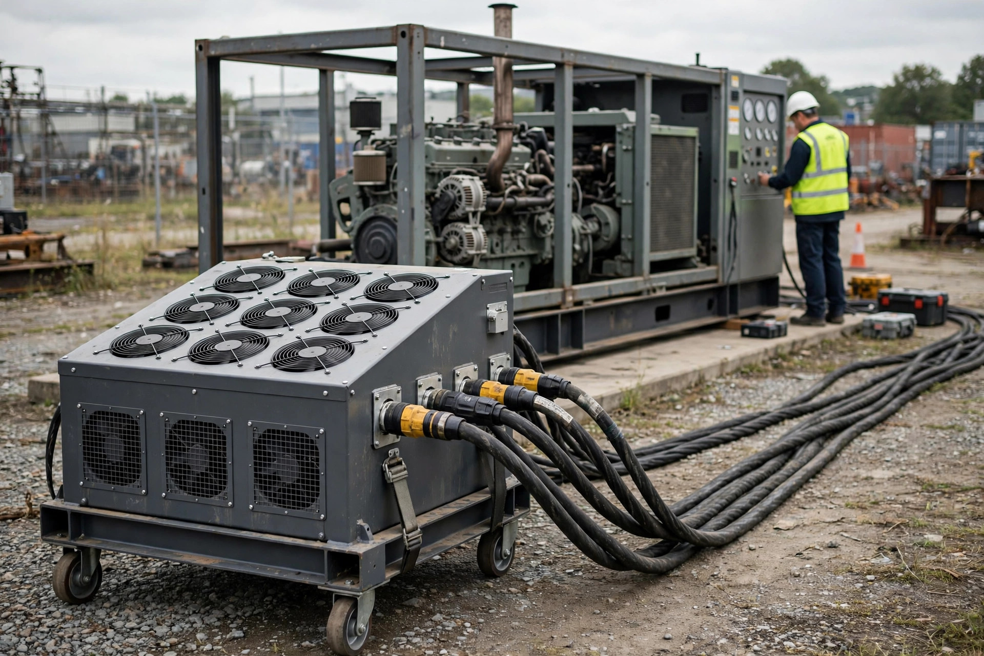 Load bank testing a large diesel generator set before data center commissioning