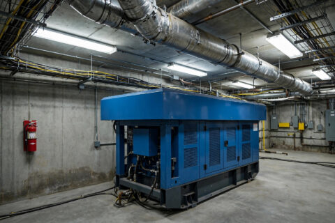 Hospital emergency diesel generator installed in a basement electrical room