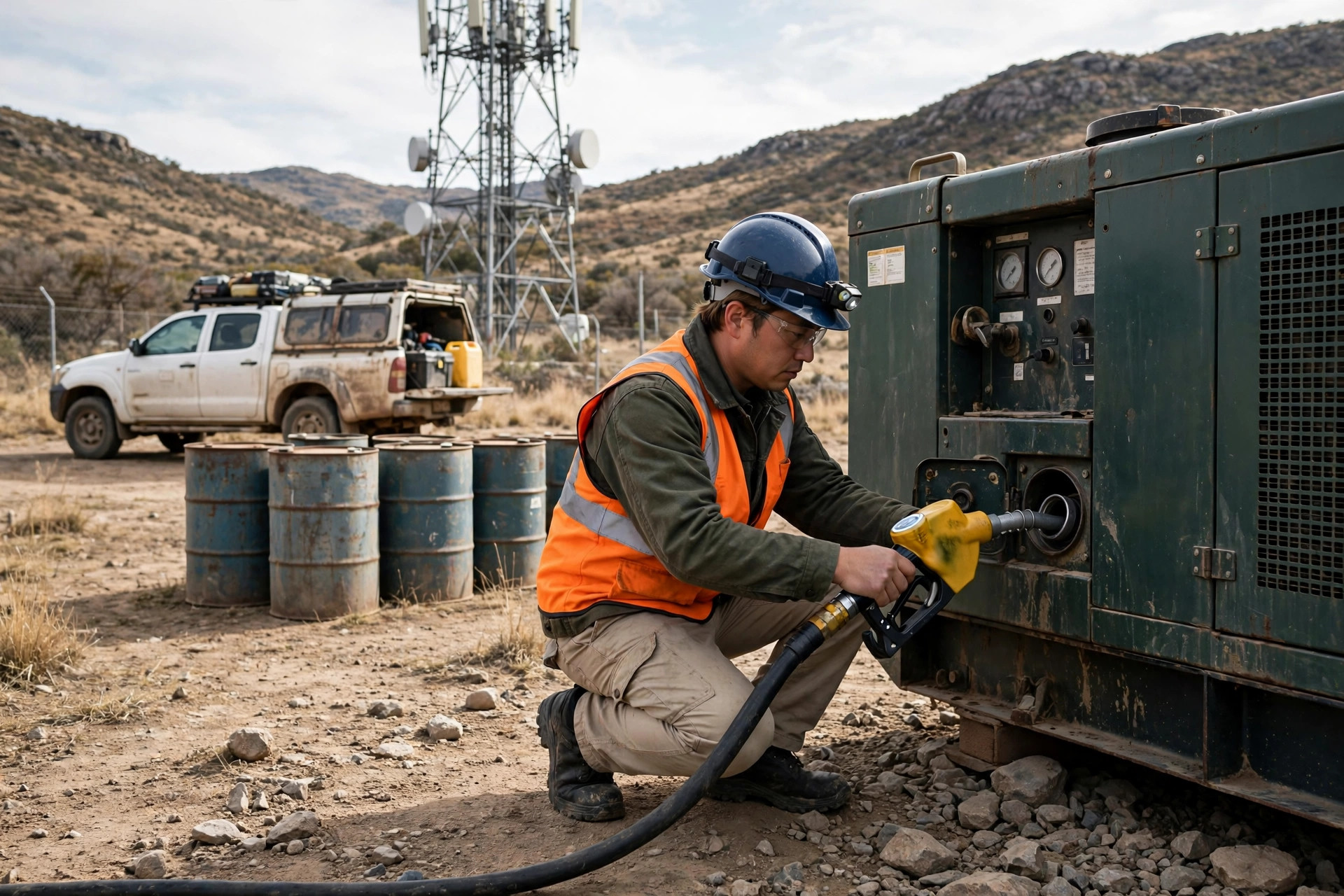 Technician refueling an outdoor diesel generator at a remote cell tower site