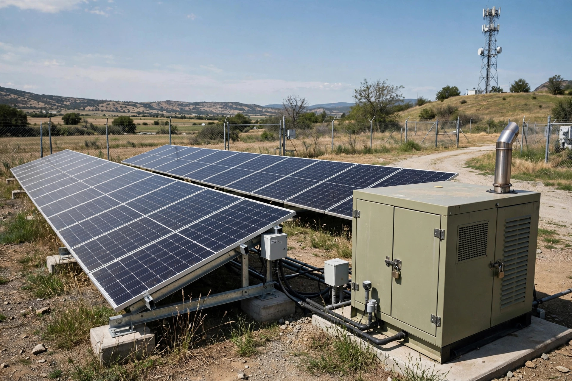 Solar panels installed beside a diesel generator enclosure at a rural telecom site