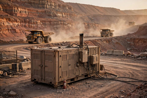 Containerized diesel generator unit at an open-pit copper mine with haul trucks passing