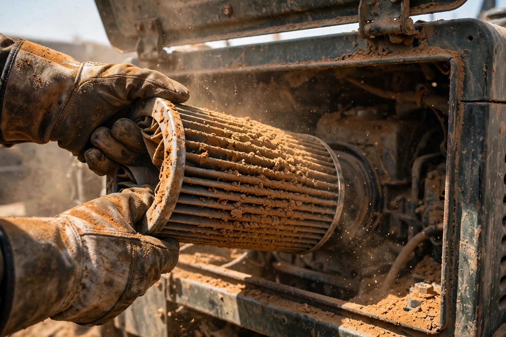 Dust-caked air filter being replaced on a mine-site diesel generator