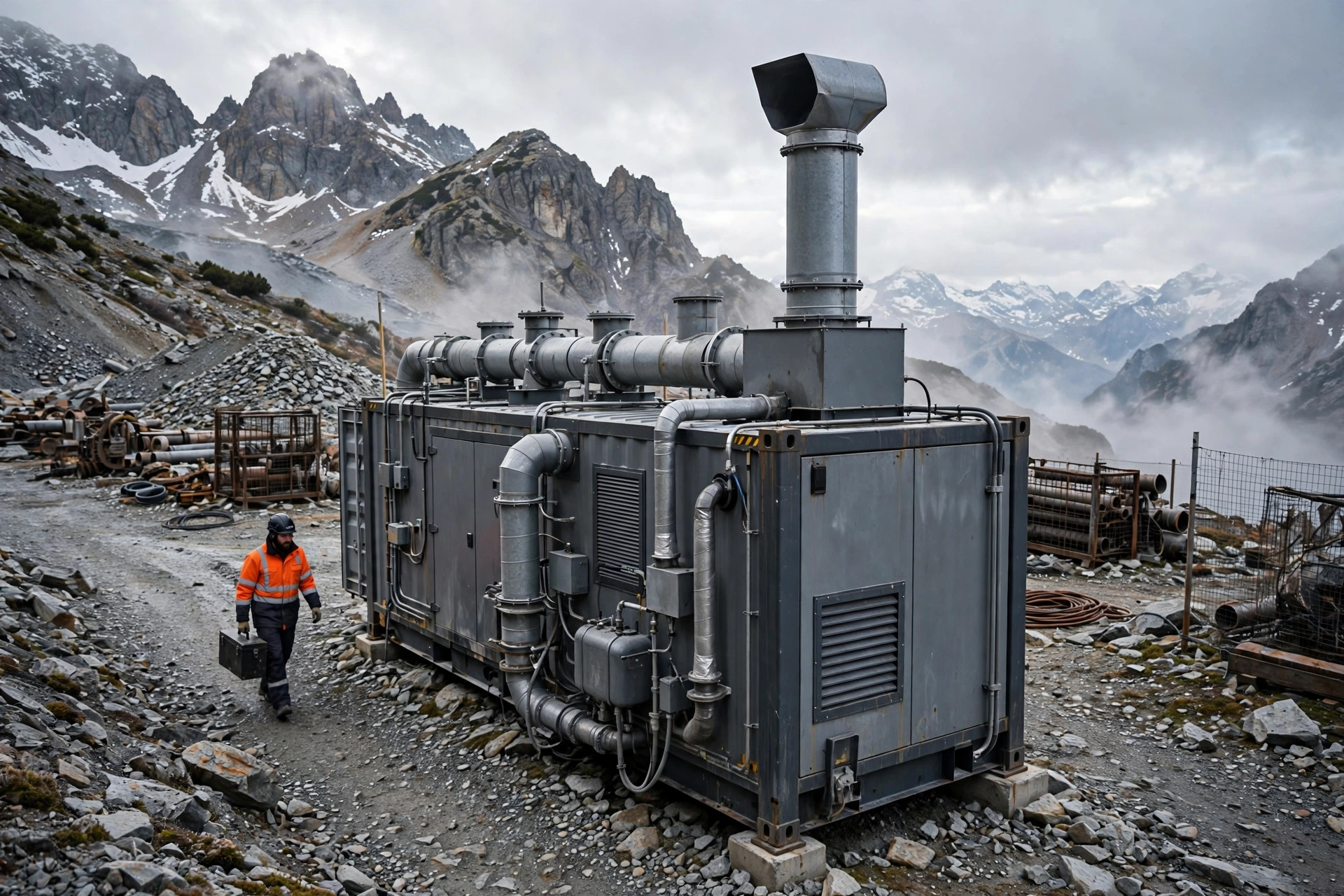 Containerized diesel generator on a high-altitude mountain mine site with raised air intake