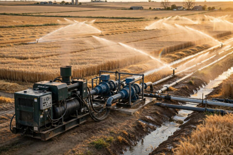 Diesel generator powering irrigation pumps on a farm field at harvest season