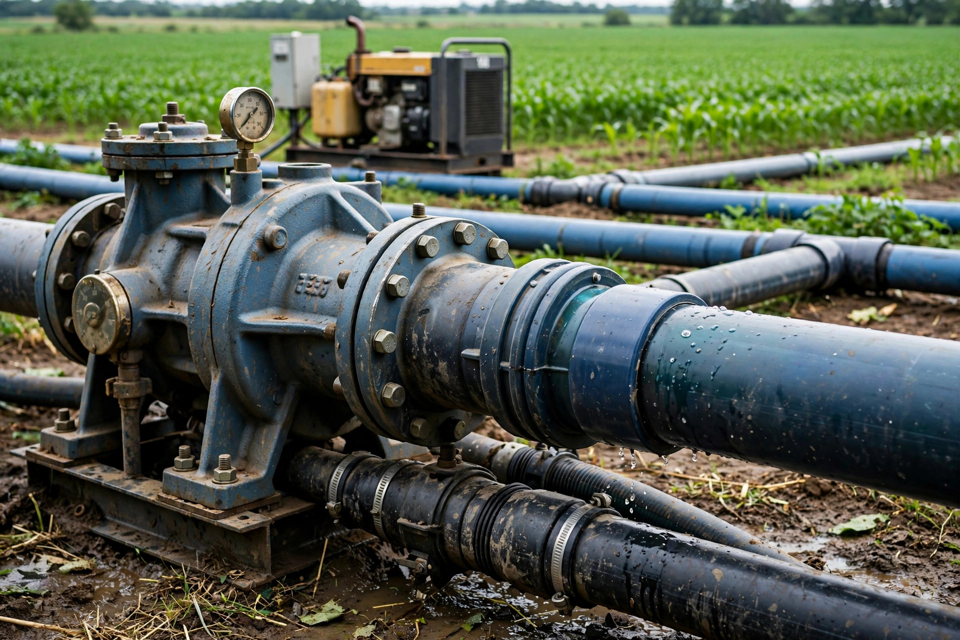 Irrigation pump and water lines running on a farm supplied by a diesel generator