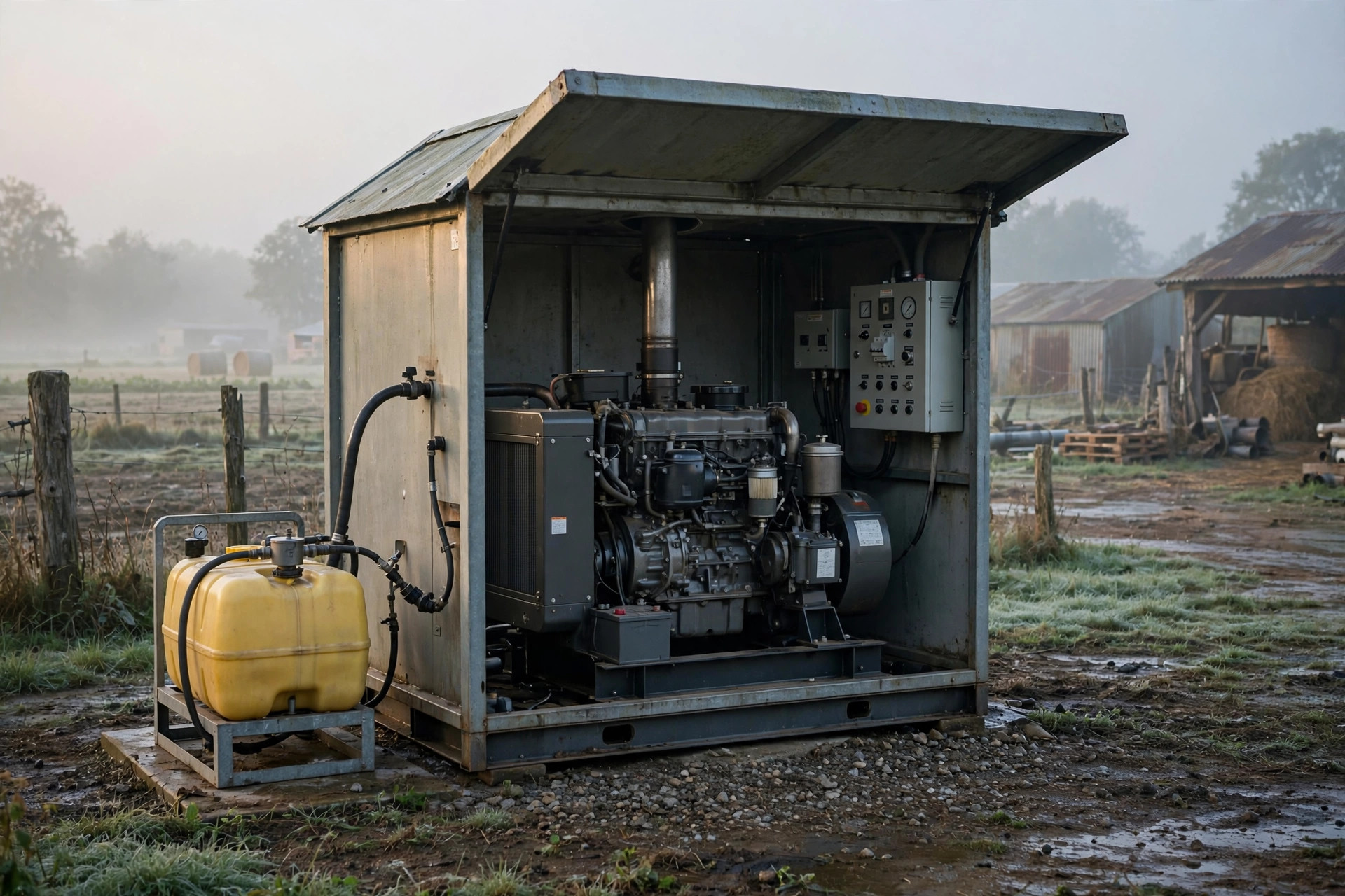 Diesel generator with fuel tank and control panel at an agricultural site