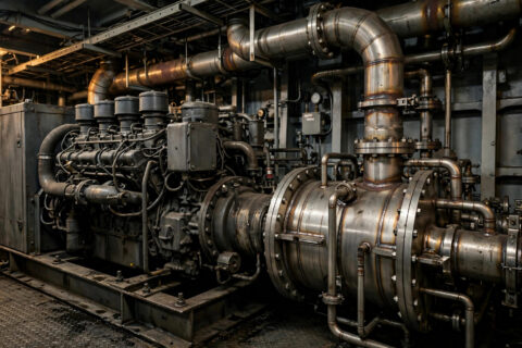 Marine diesel generator installed in a ship engine room with exhaust piping and heat exchanger