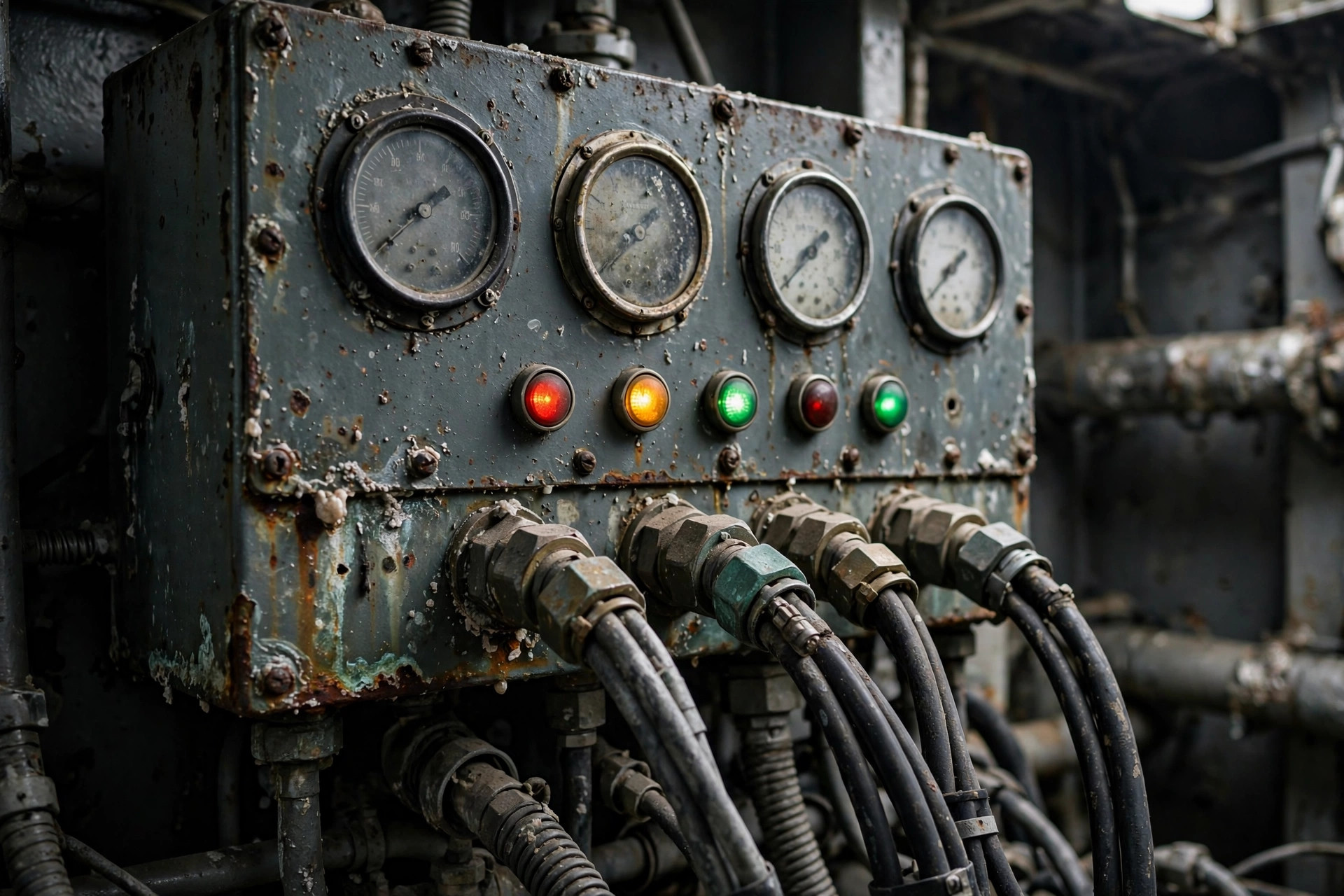 Marine diesel generator control panel with gauges and wiring in a ship engine room