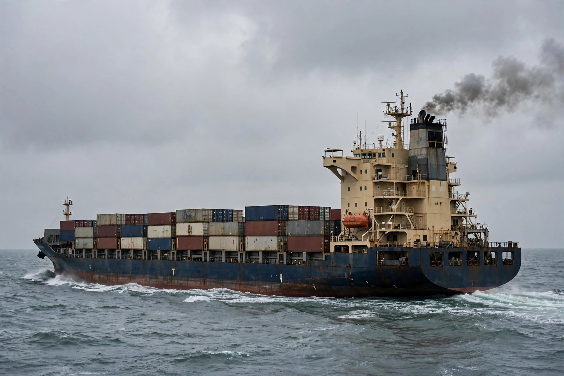 Ocean-going cargo vessel underway at sea, powered by marine diesel generators