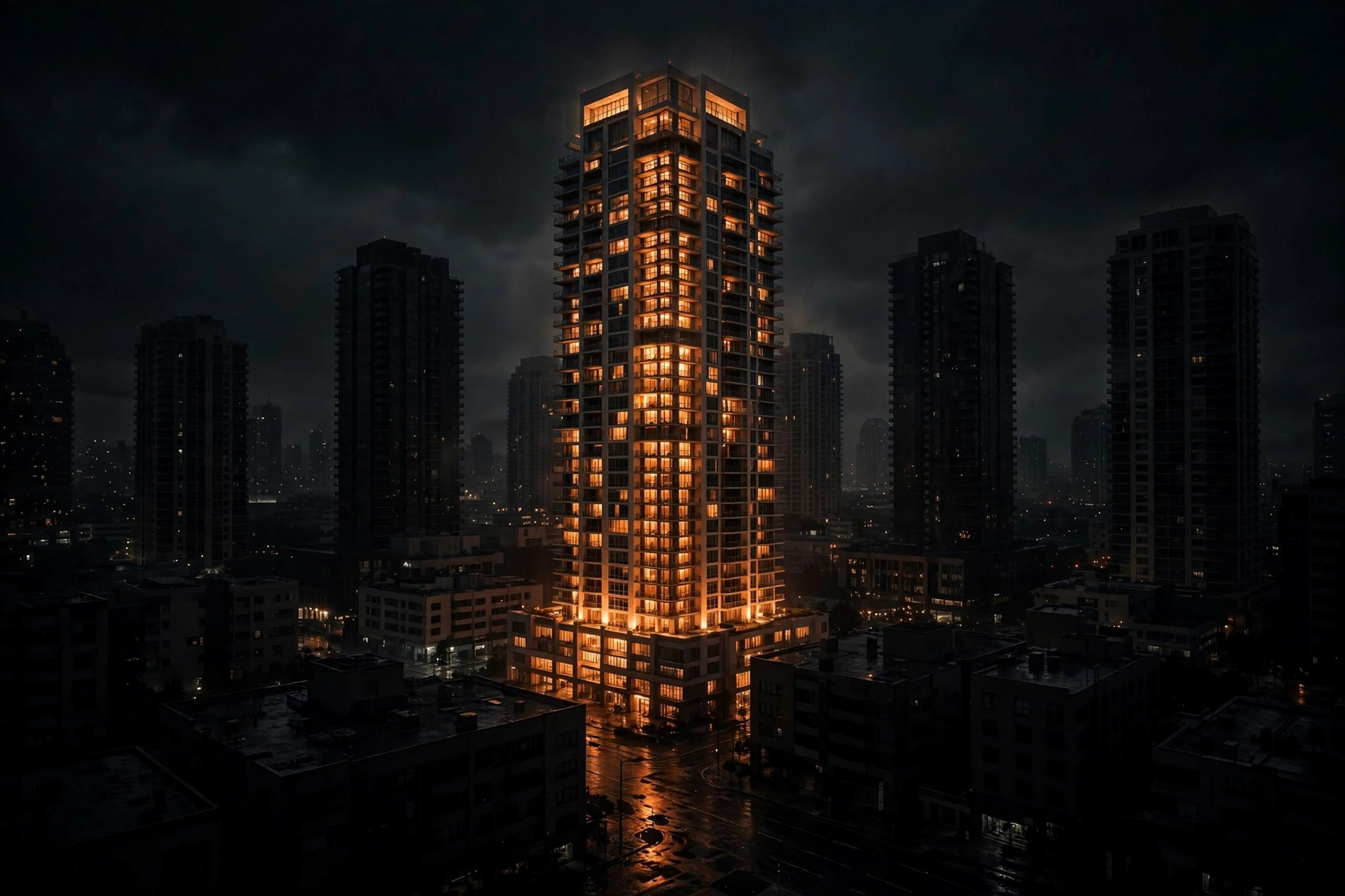 High-rise residential towers at night during a city power outage, emergency lights on