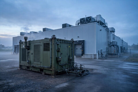 Containerized diesel generator set beside a refrigerated cold storage warehouse at dawn