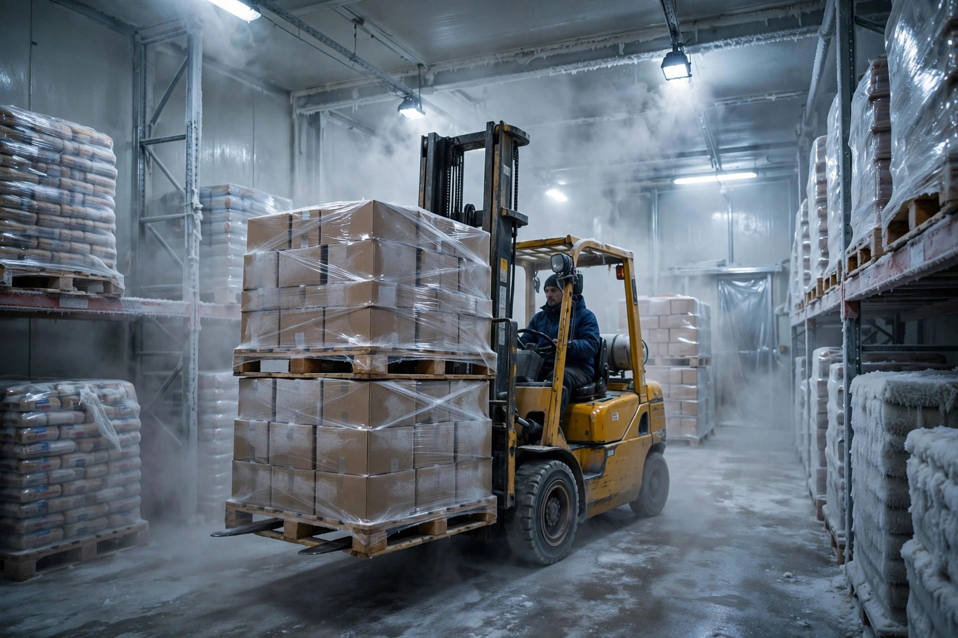 Forklift moving stacked pallets of frozen goods inside a frosty cold storage warehouse