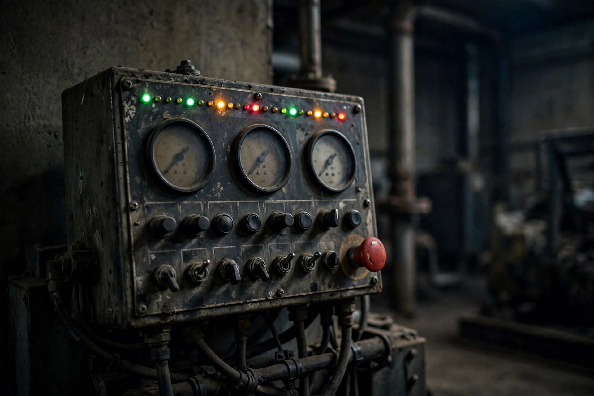 Diesel generator control panel with status lights in a warehouse generator room