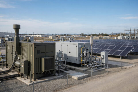 Diesel generator, natural gas generator and solar panels compared at an industrial site