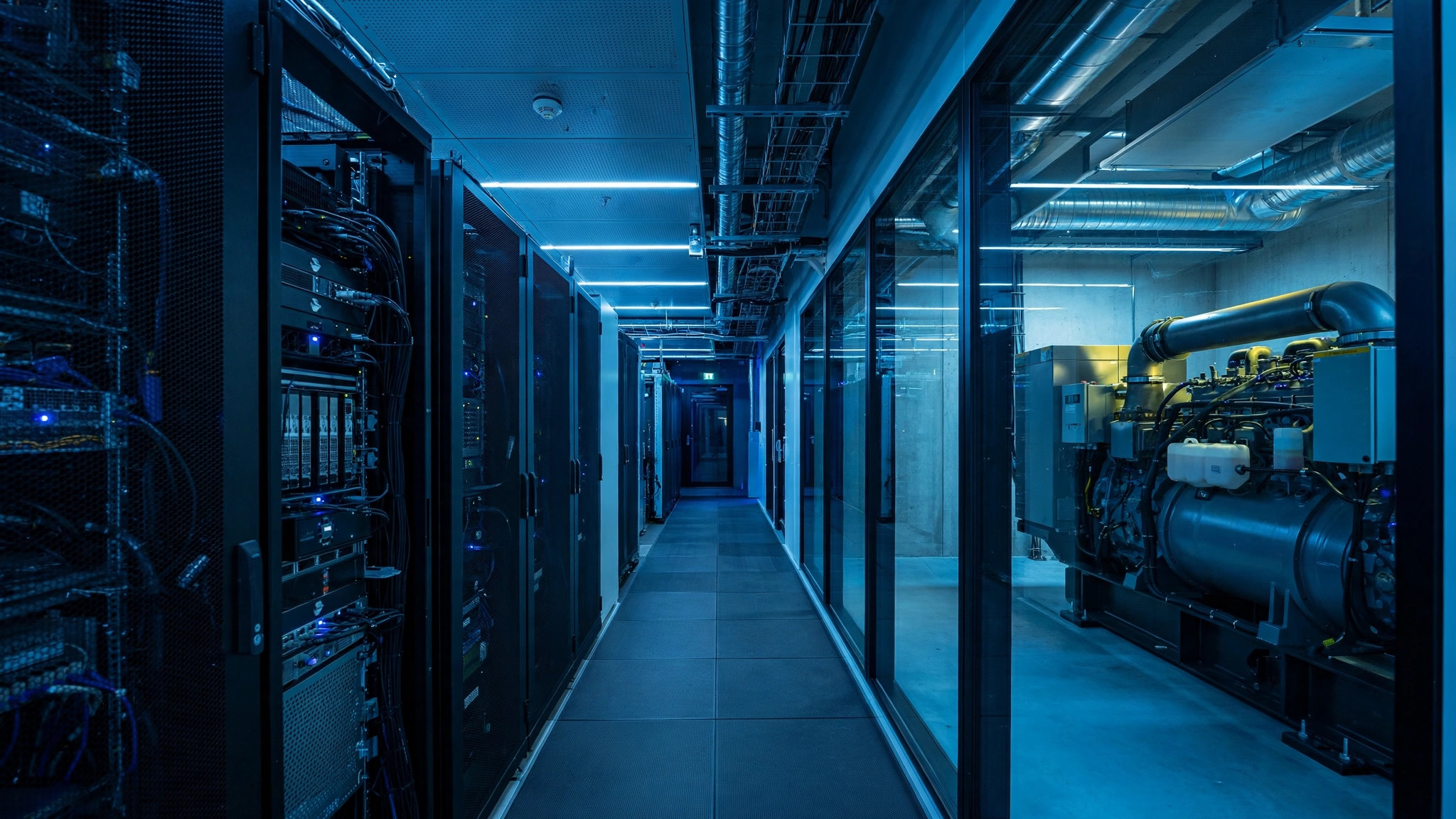 Data center corridor with diesel generator backup power