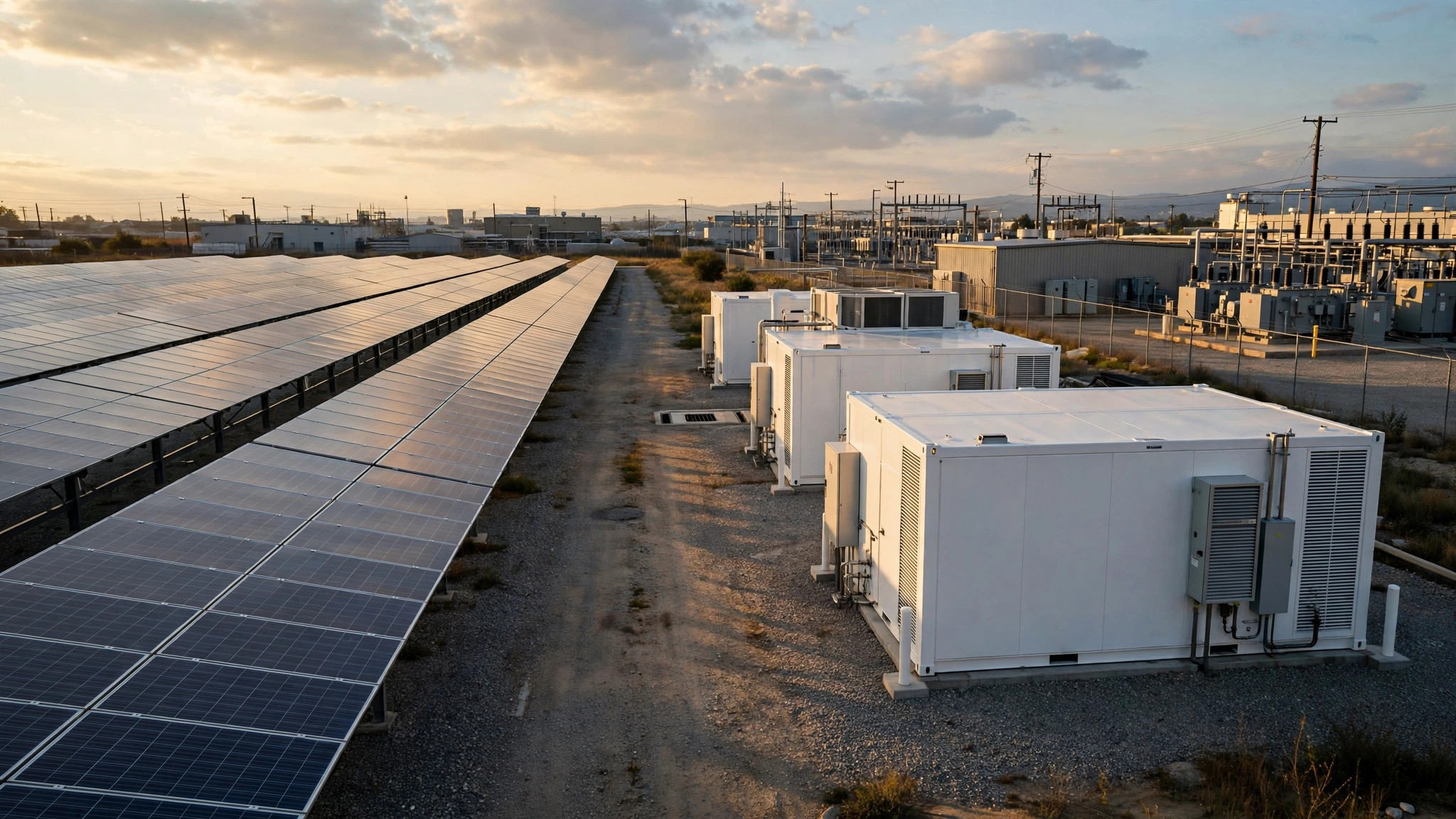 Solar panels with battery storage containers at an industrial facility