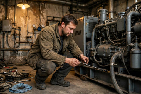 Field engineer checking engine oil level on a diesel generator during preventive maintenance