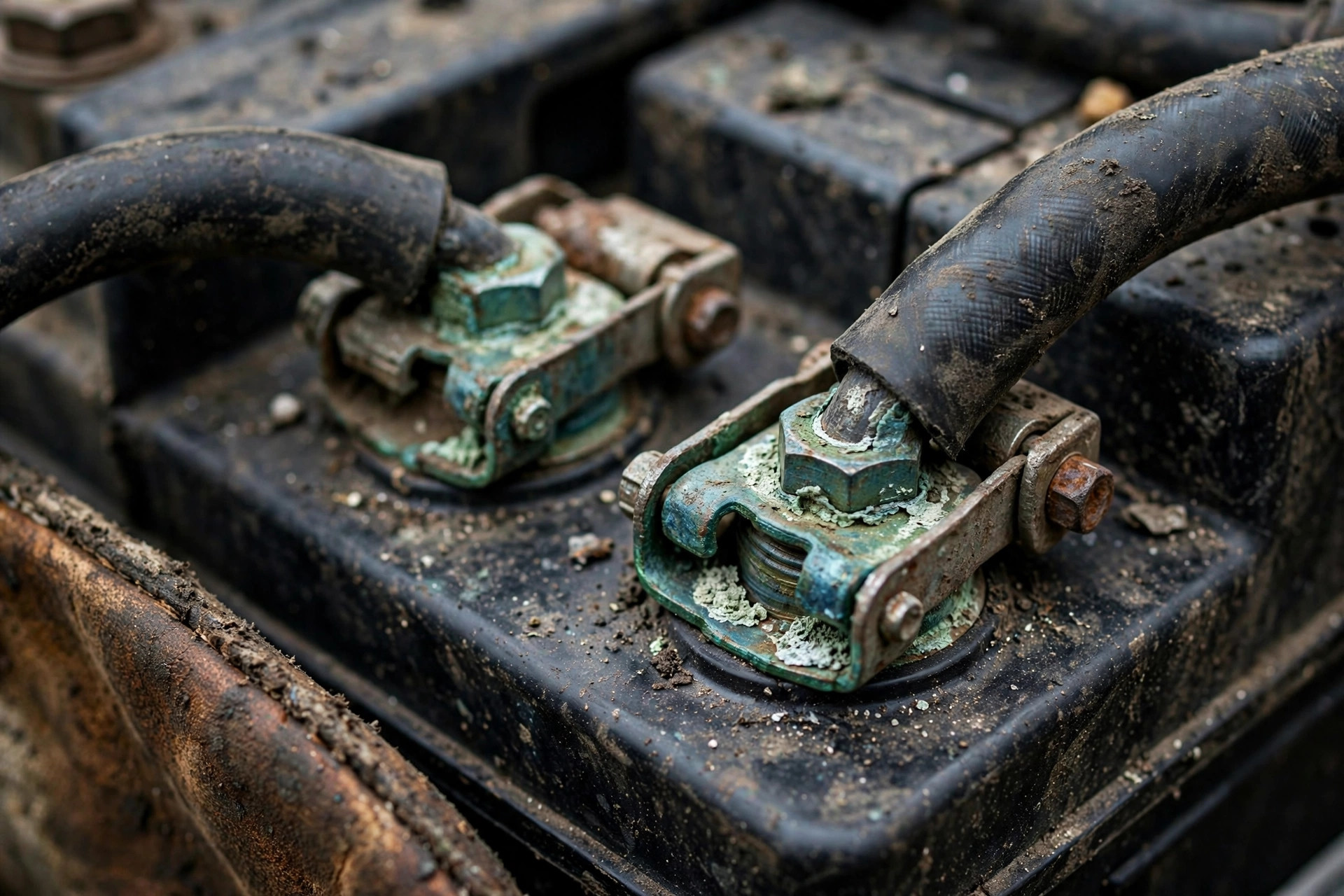 Close-up of corroded battery terminals on a diesel generator — the most common reason a genset won't start