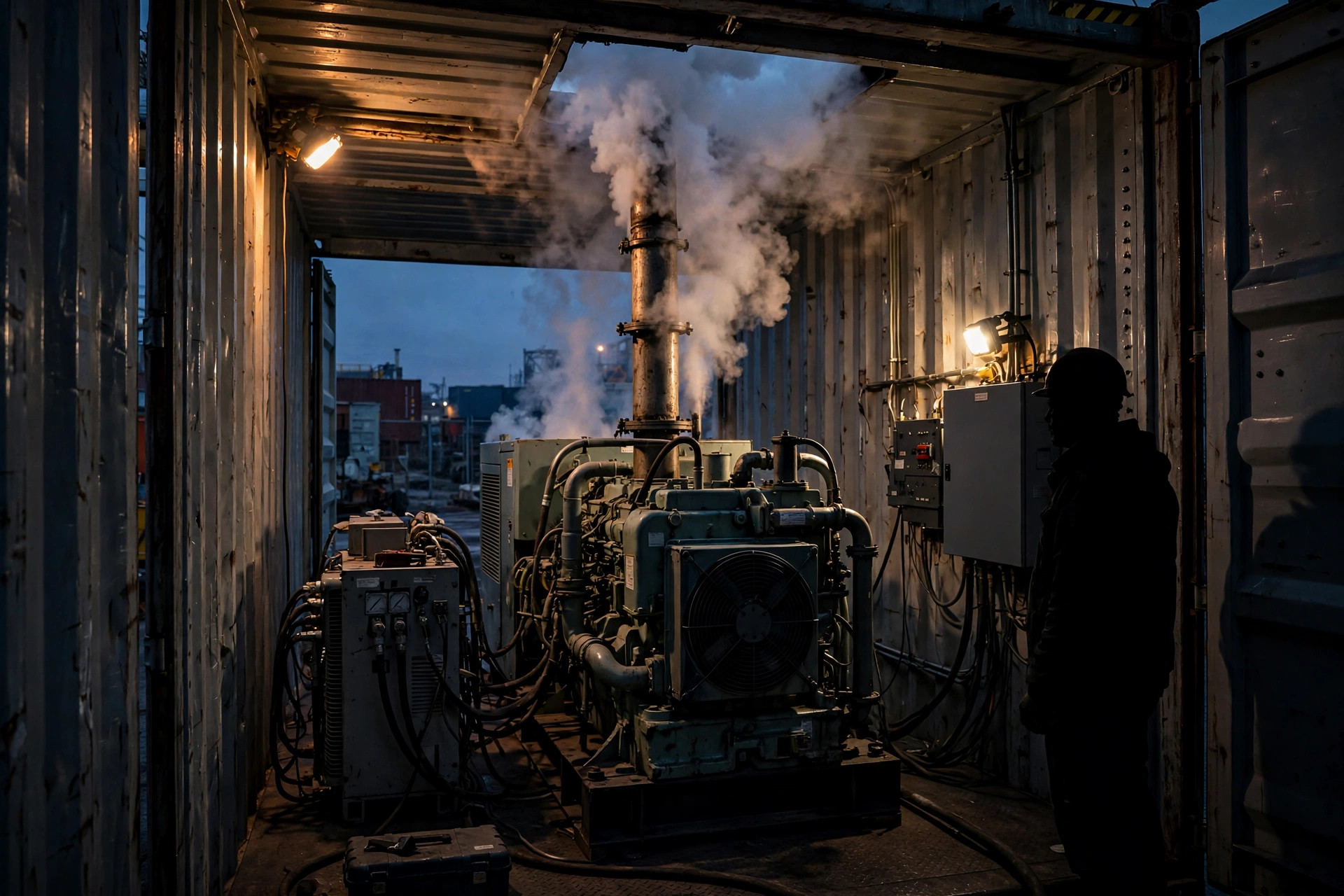 Diesel generator under load bank test, exhaust steaming during a loaded exercise run