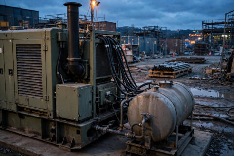 Diesel generator set with fuel tank on an industrial site at dusk