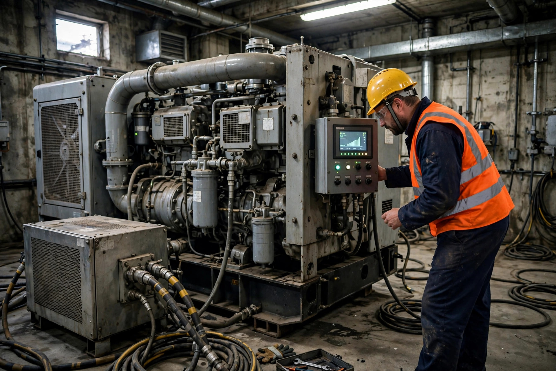 Engineer checking the digital controller of a running diesel generator