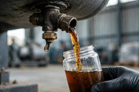 Diesel fuel sample drained from a standby generator's base tank into a glass jar — diesel fuel storage quality check